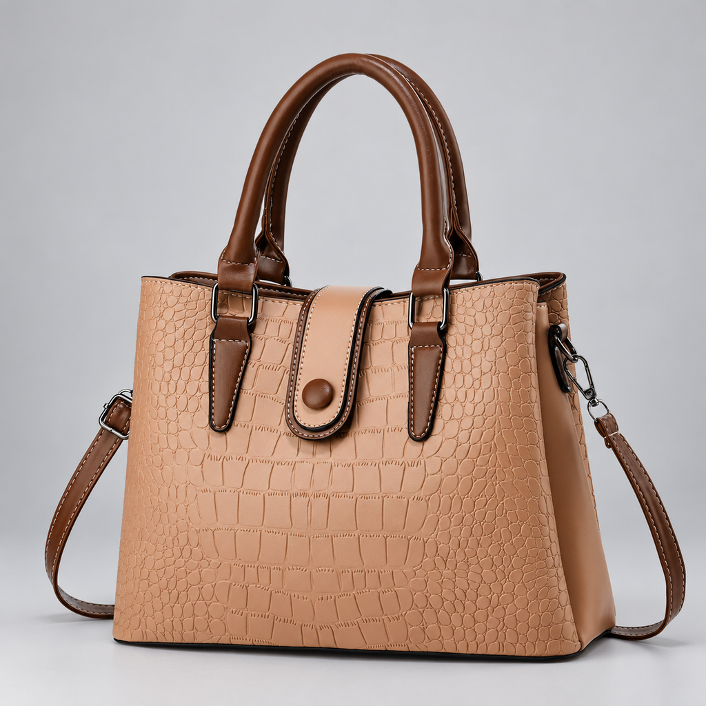 Lucienne Women’s Crocodile-Embossed Satchel Handbag with Brown Handles