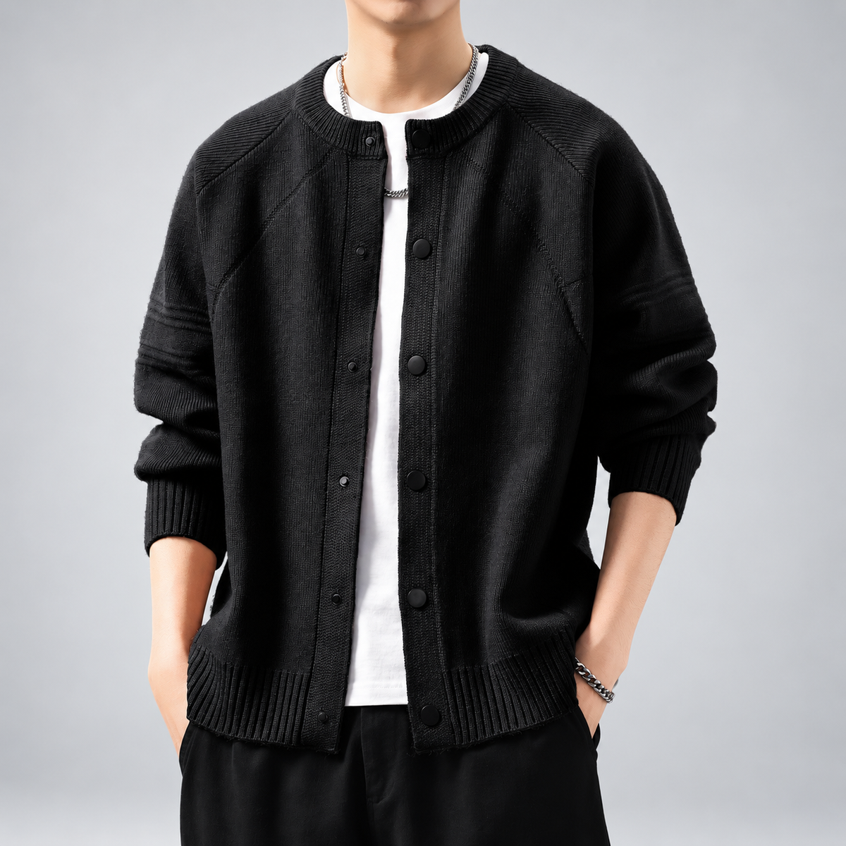 Anselmo Men's Snap-Front Knit Cardigan with Raglan Sleeves