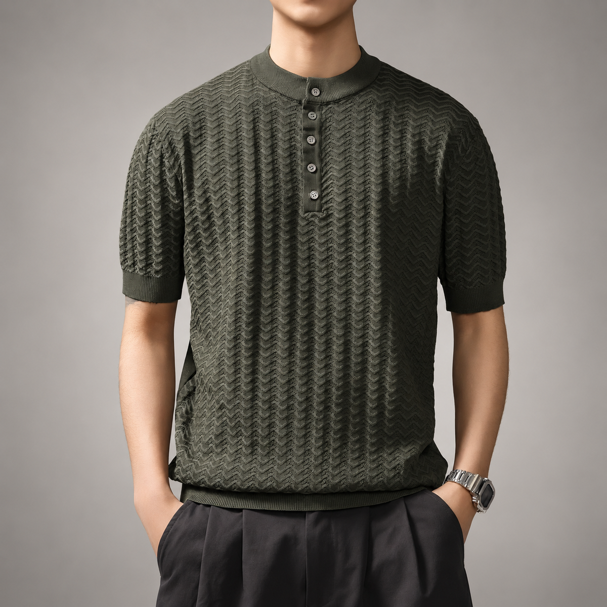 Leo Men’s Textured Knit Short-Sleeve Henley Shirt