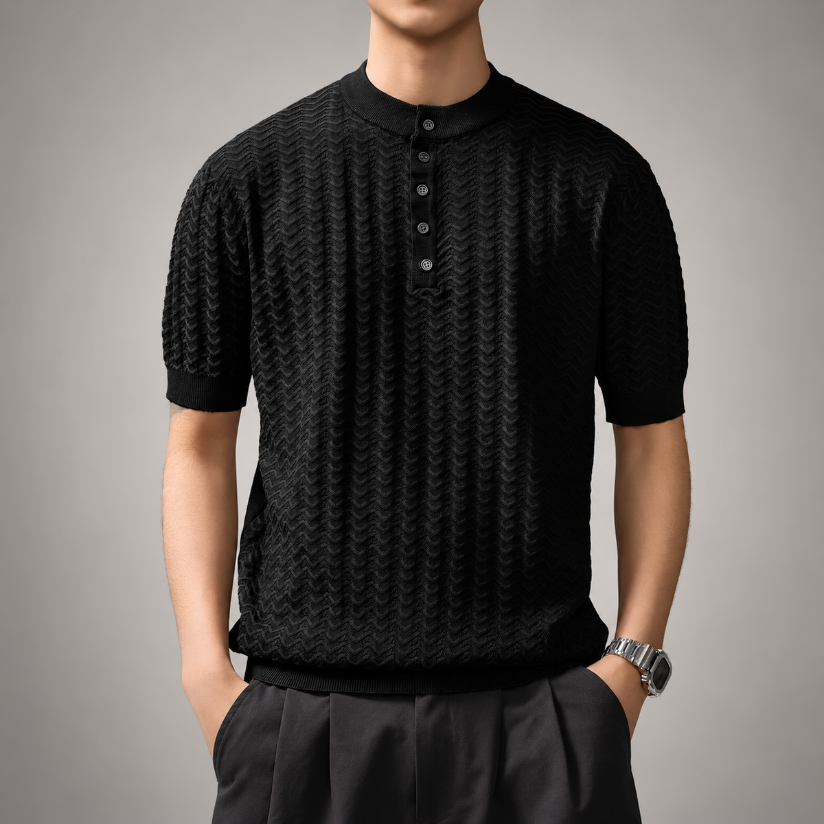 Leo Men’s Textured Knit Short-Sleeve Henley Shirt