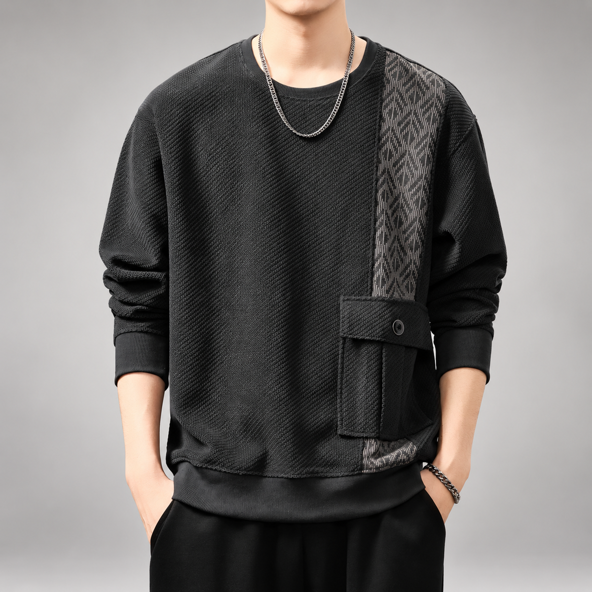 Horizon Men's Textured Crewneck Sweater with Patterned Panel