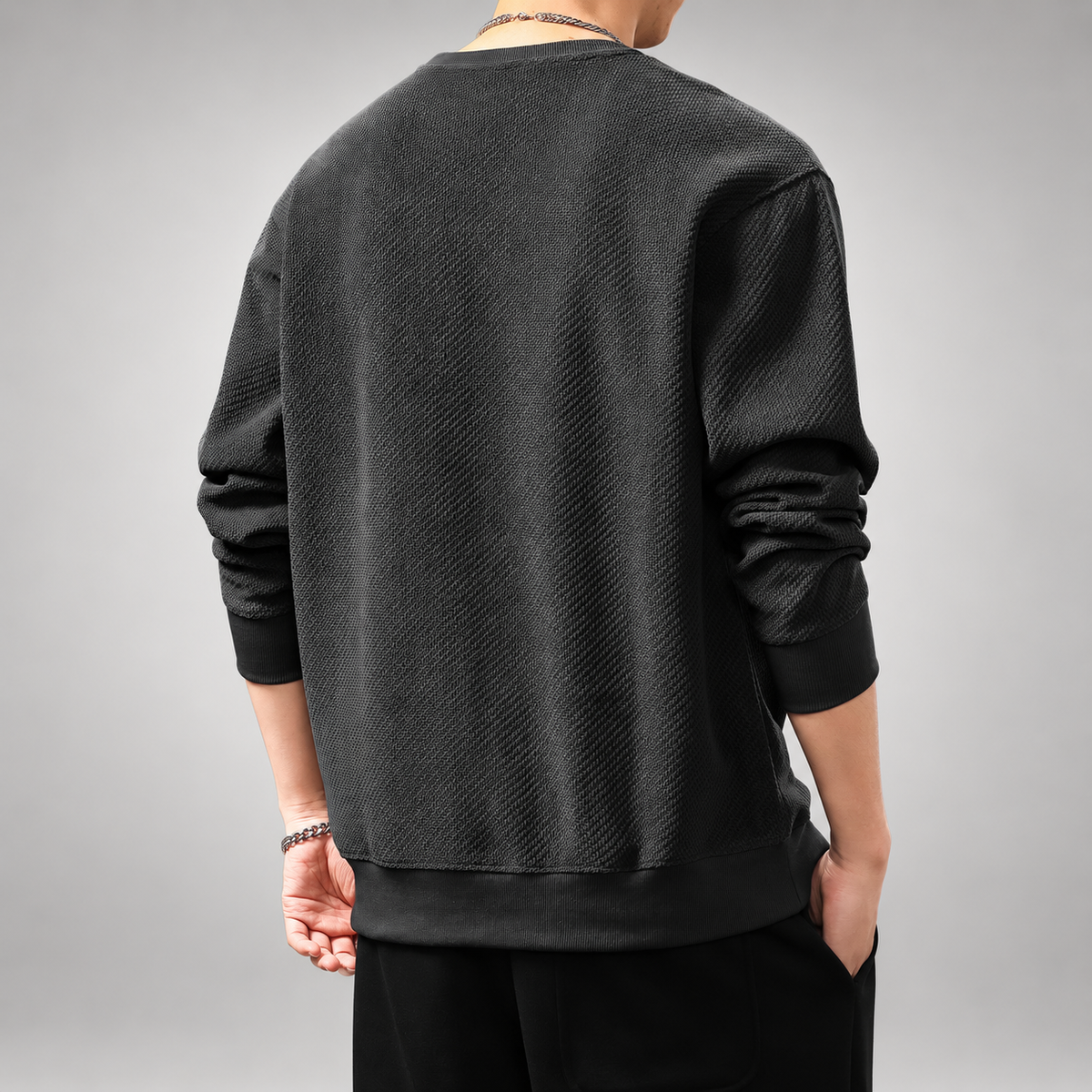 Horizon Men's Textured Crewneck Sweater with Patterned Panel