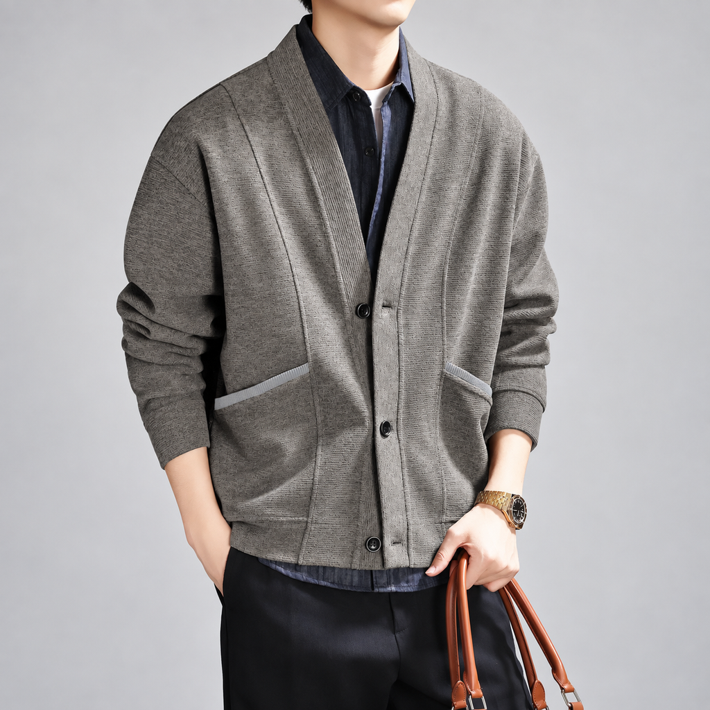 Ludovico Men's Textured V-Neck Button-Front Cardigan with Patch Pockets