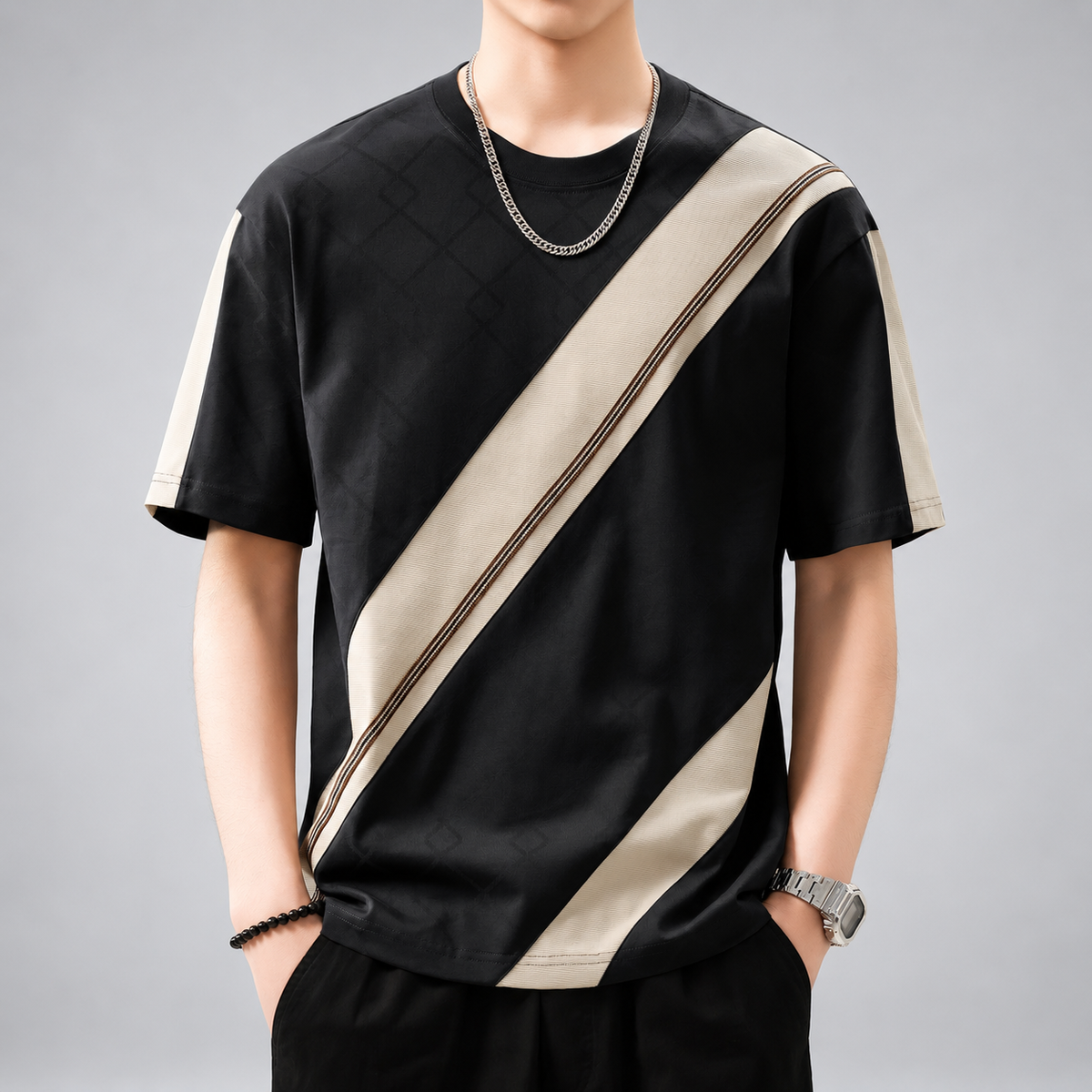 Silvian Men's Relaxed Fit Crewneck T-Shirt with Diagonal Contrast Panels