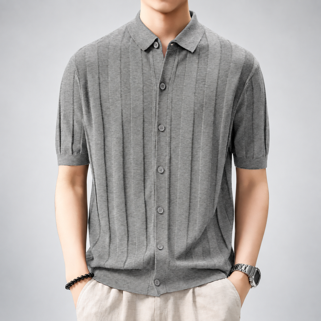 Dean Men's Textured Knit Polo Shirt with Full Button Front
