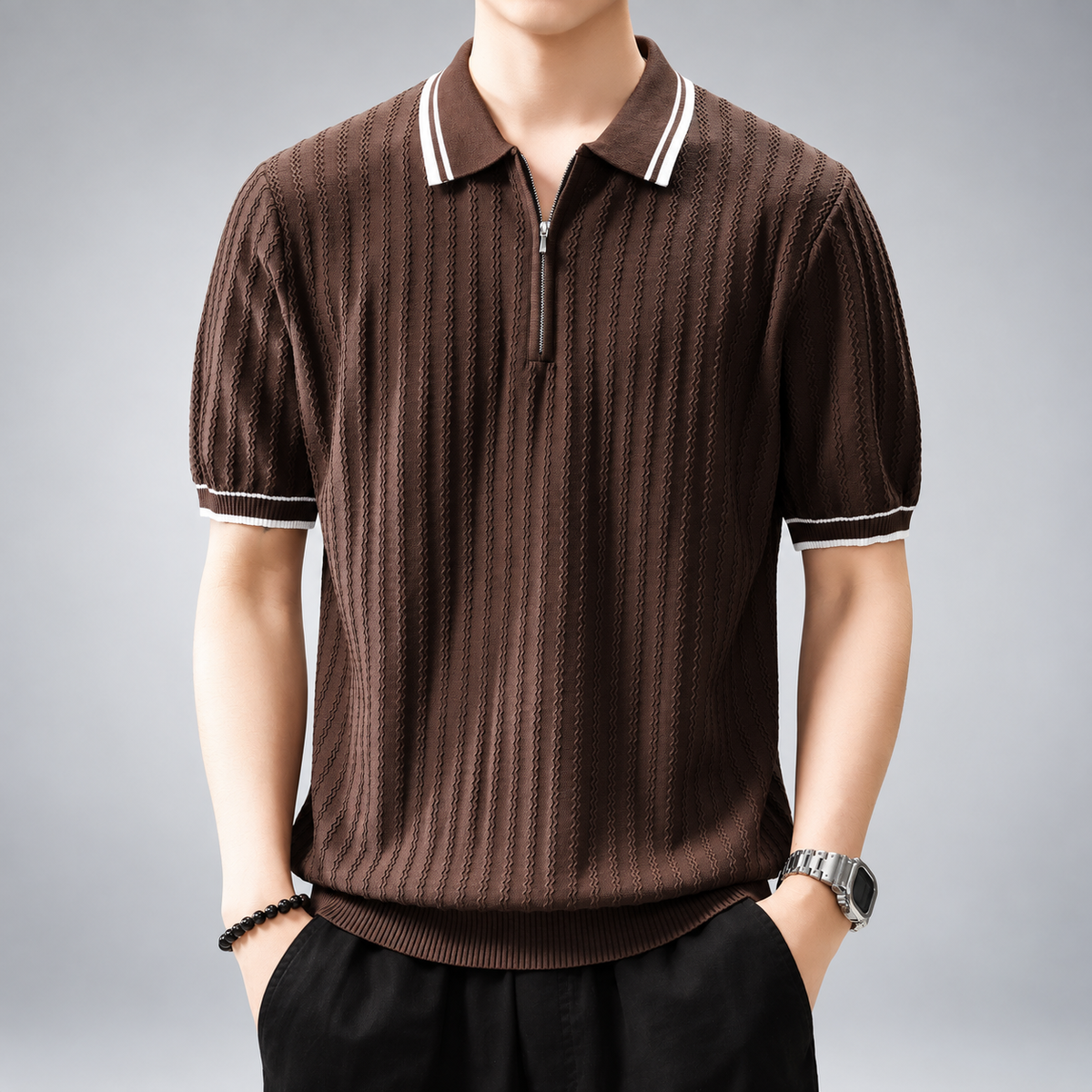 Adrian Men's Textured Knit Quarter-Zip Polo Shirt with Contrast Trim