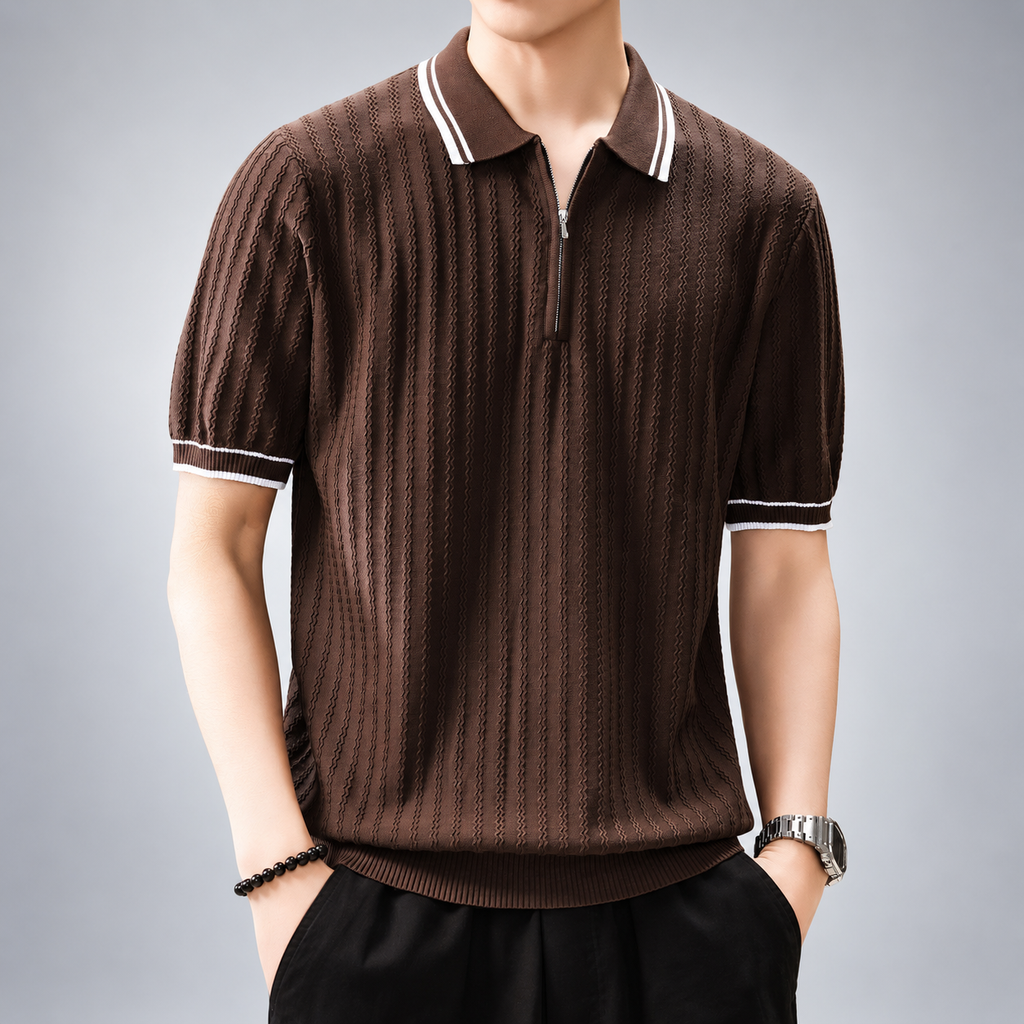 Adrian Men's Textured Knit Quarter-Zip Polo Shirt with Contrast Trim