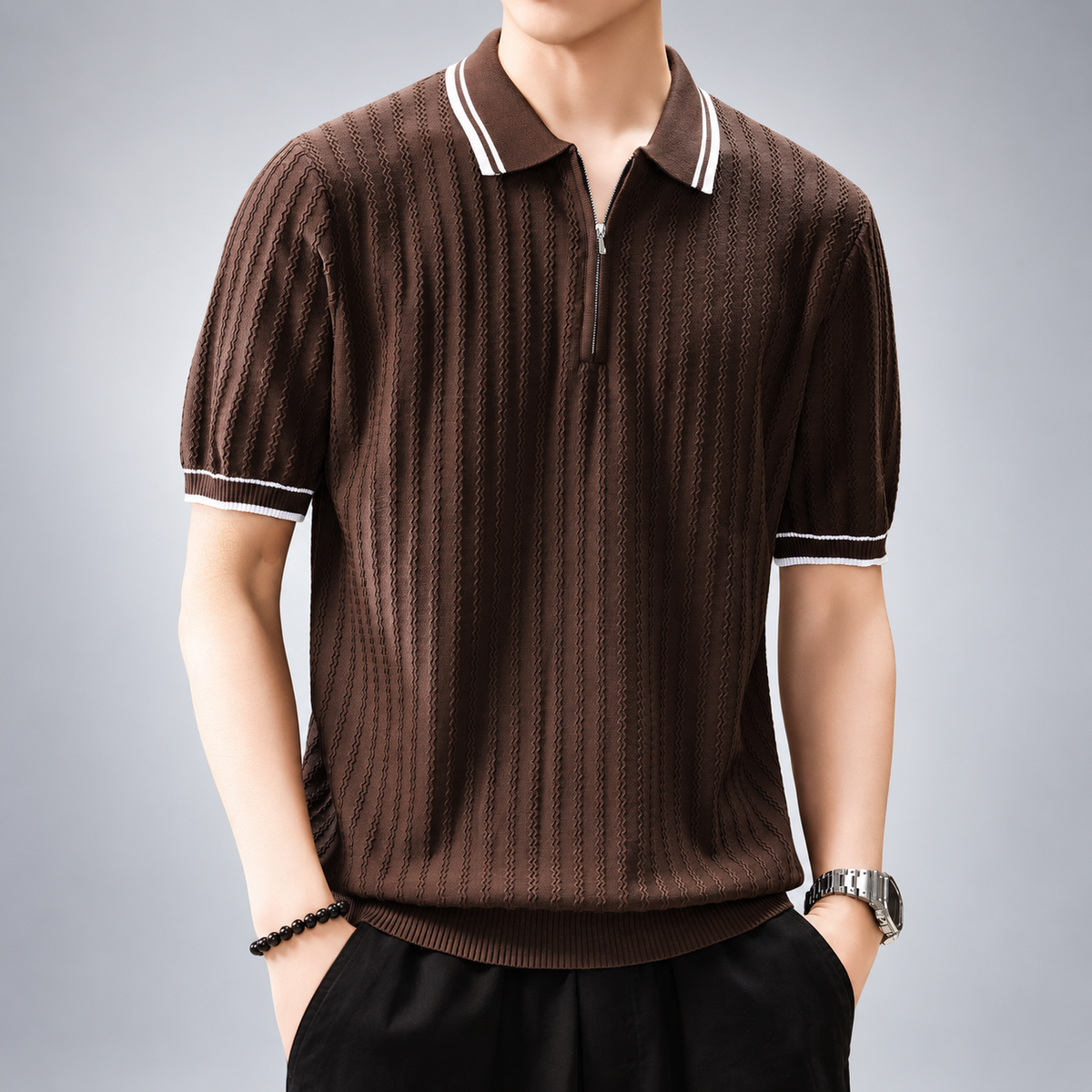 Adrian Men's Textured Knit Quarter-Zip Polo Shirt with Contrast Trim
