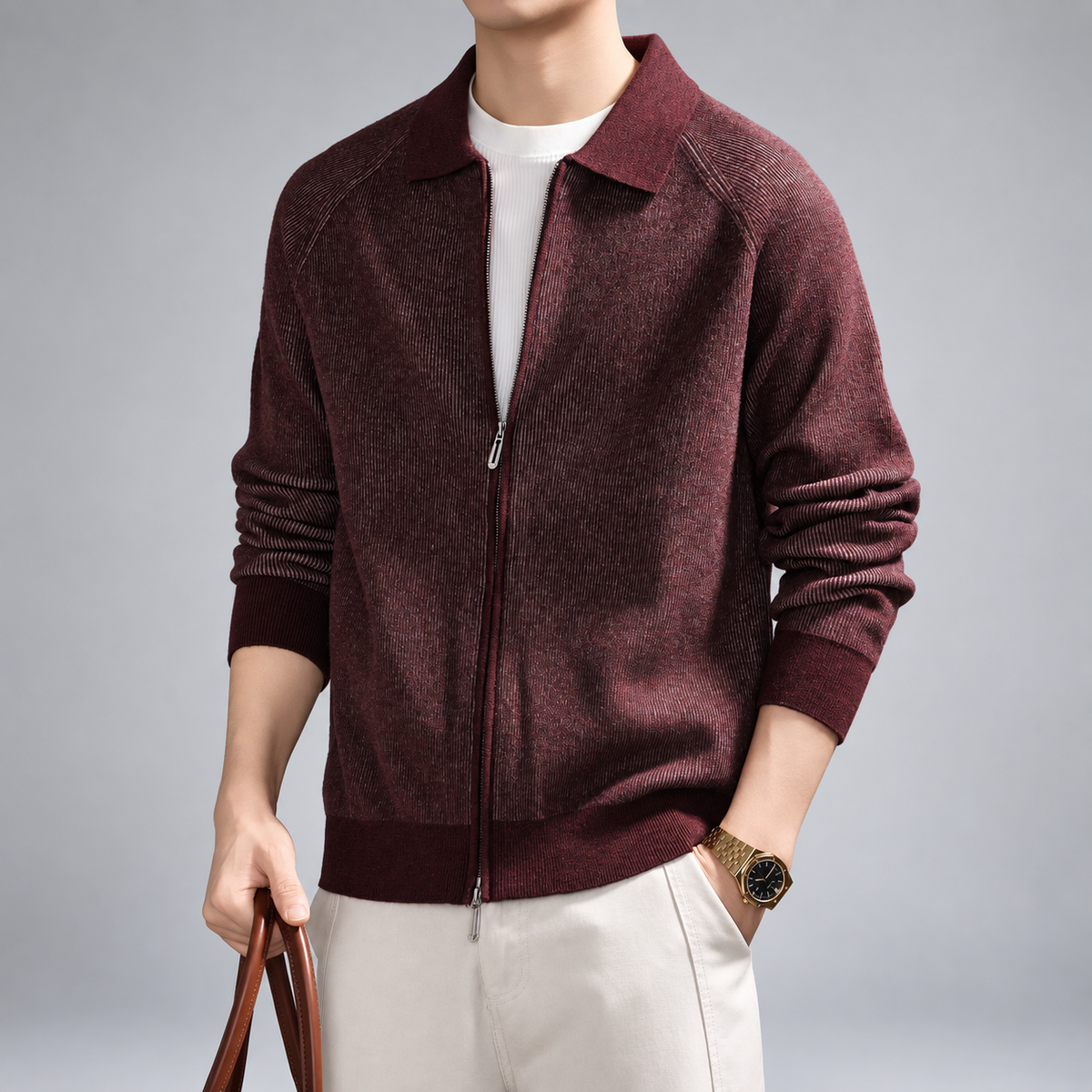 Rainier Men's Ribbed Knit Zip-Up Cardigan with Polo Collar