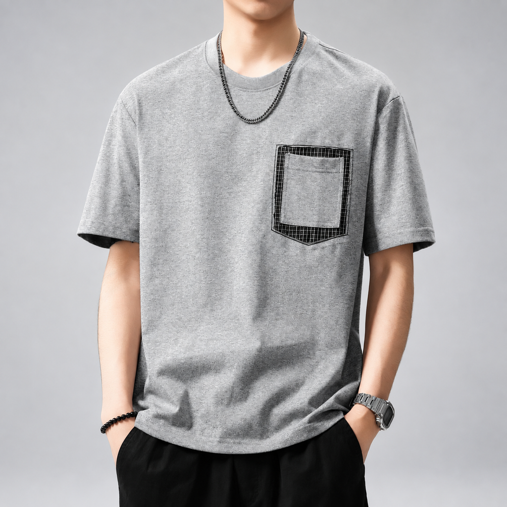 Lucien Men's Heathered Crewneck T-Shirt with Contrast Plaid Pocket