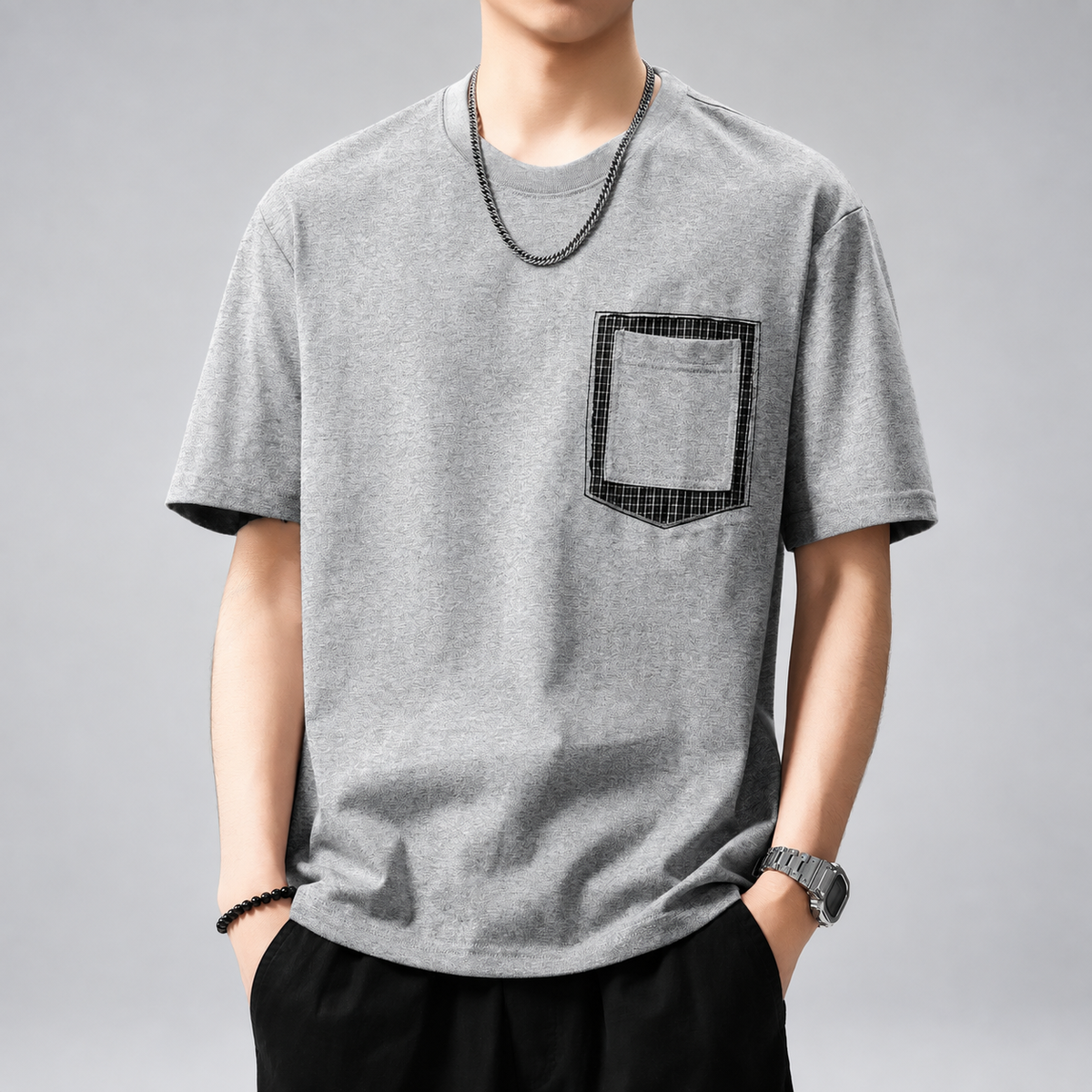 Lucien Men's Heathered Crewneck T-Shirt with Contrast Plaid Pocket