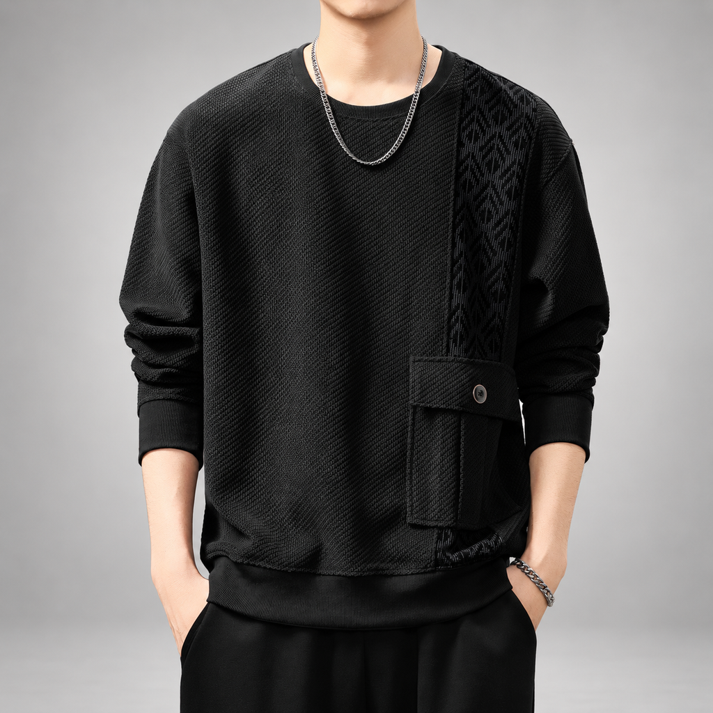 Horizon Men's Textured Crewneck Sweater with Patterned Panel