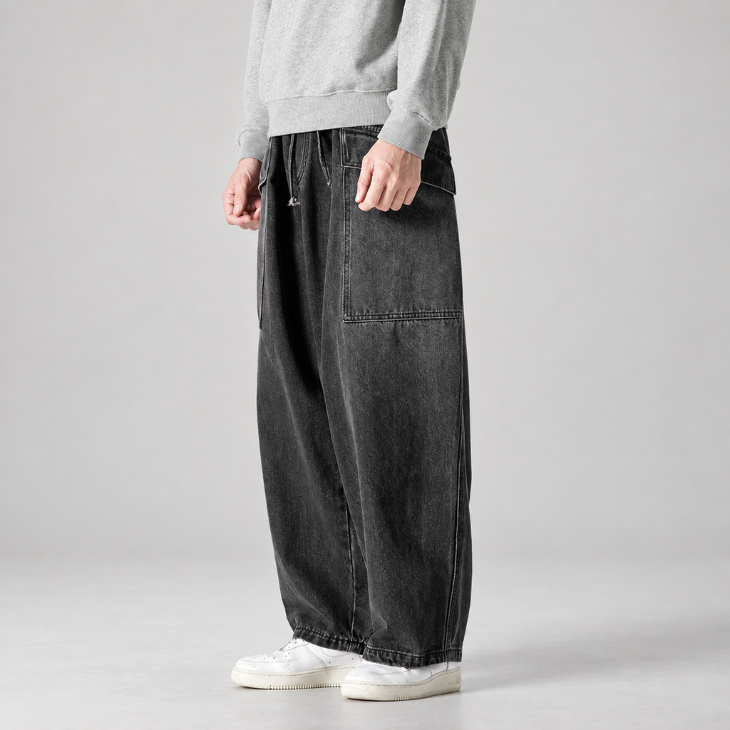 Tristan Men’s Extra Wide-Leg Drawstring Jeans with Patch Pockets