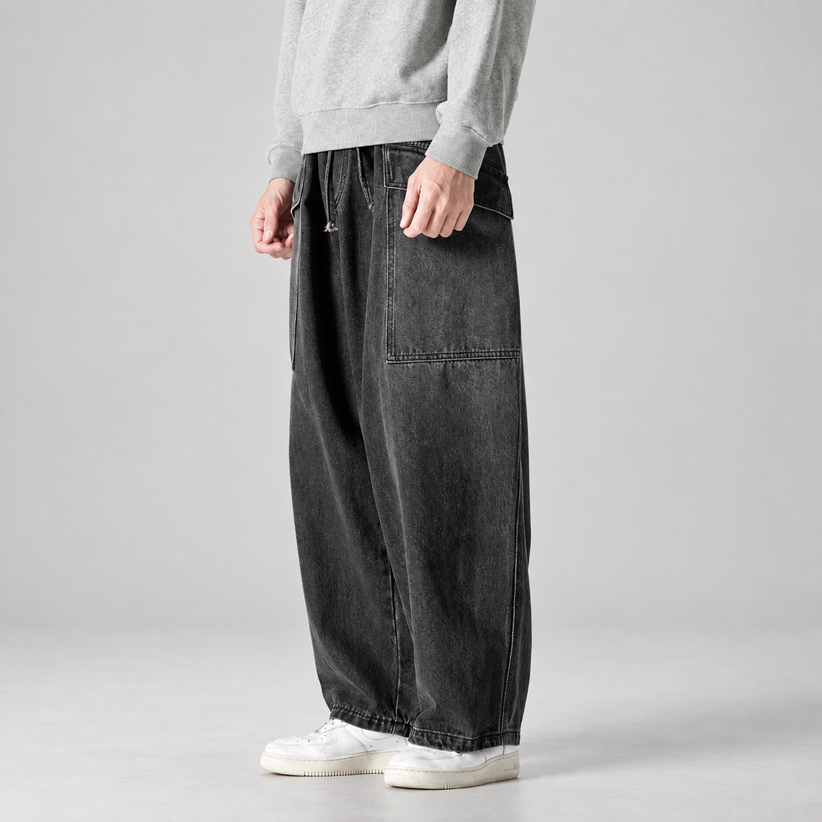 Tristan Men’s Extra Wide-Leg Drawstring Jeans with Patch Pockets