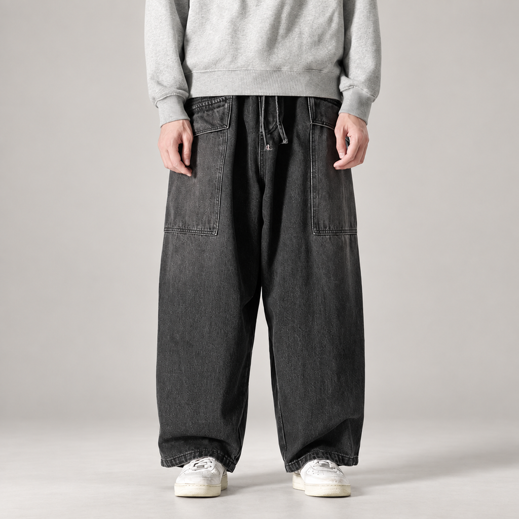 Tristan Men’s Extra Wide-Leg Drawstring Jeans with Patch Pockets