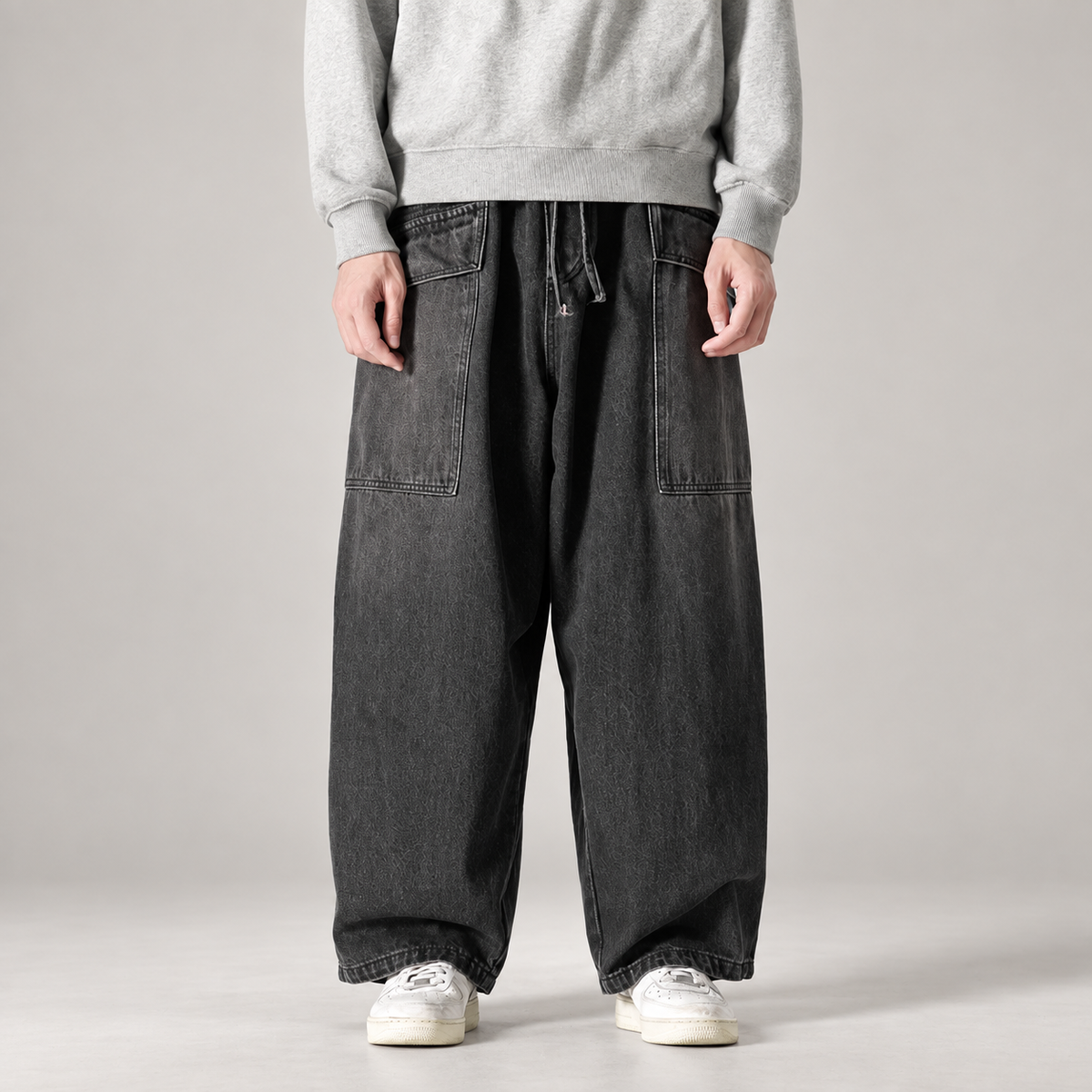 Tristan Men’s Extra Wide-Leg Drawstring Jeans with Patch Pockets