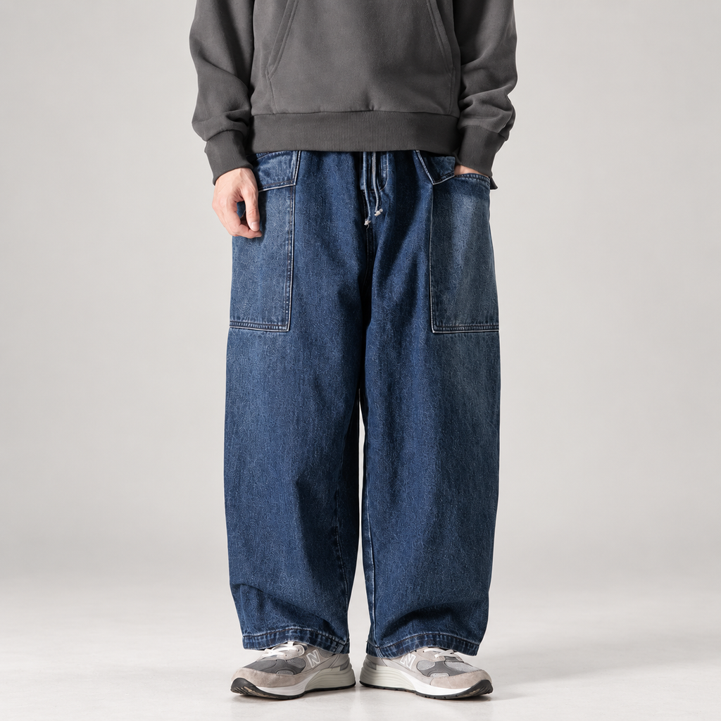 Tristan Men’s Extra Wide-Leg Drawstring Jeans with Patch Pockets