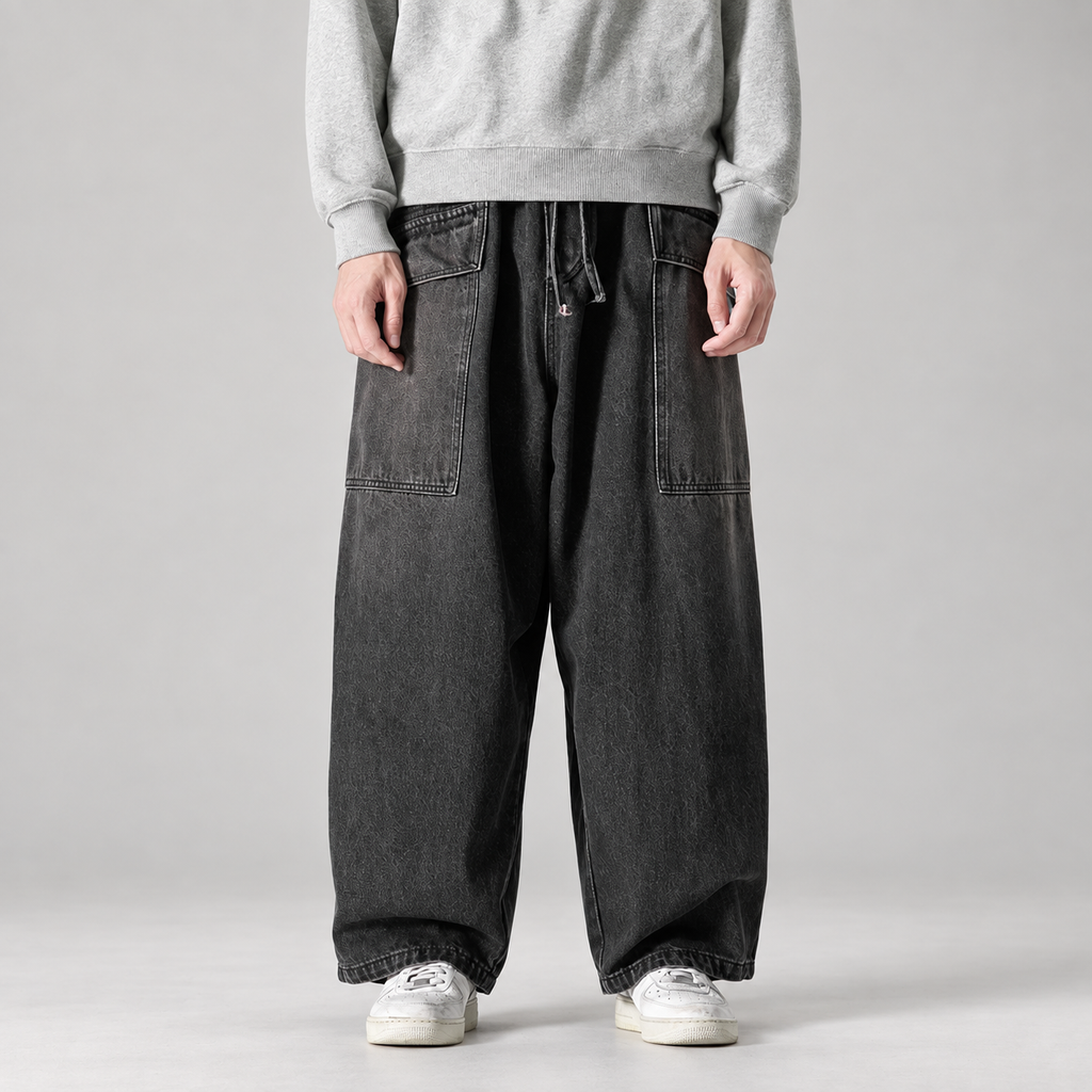 Tristan Men’s Extra Wide-Leg Drawstring Jeans with Patch Pockets