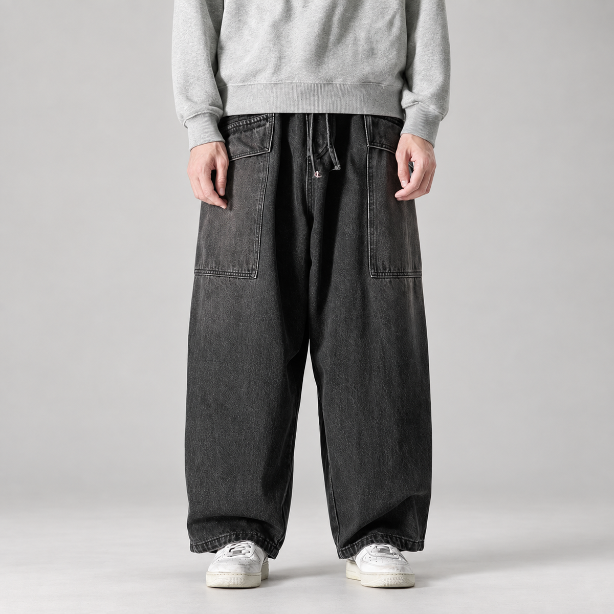 Tristan Men’s Extra Wide-Leg Drawstring Jeans with Patch Pockets