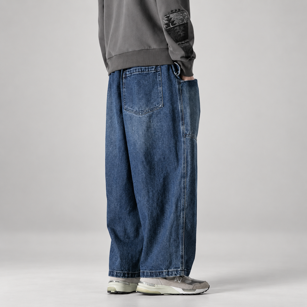 Tristan Men’s Extra Wide-Leg Drawstring Jeans with Patch Pockets