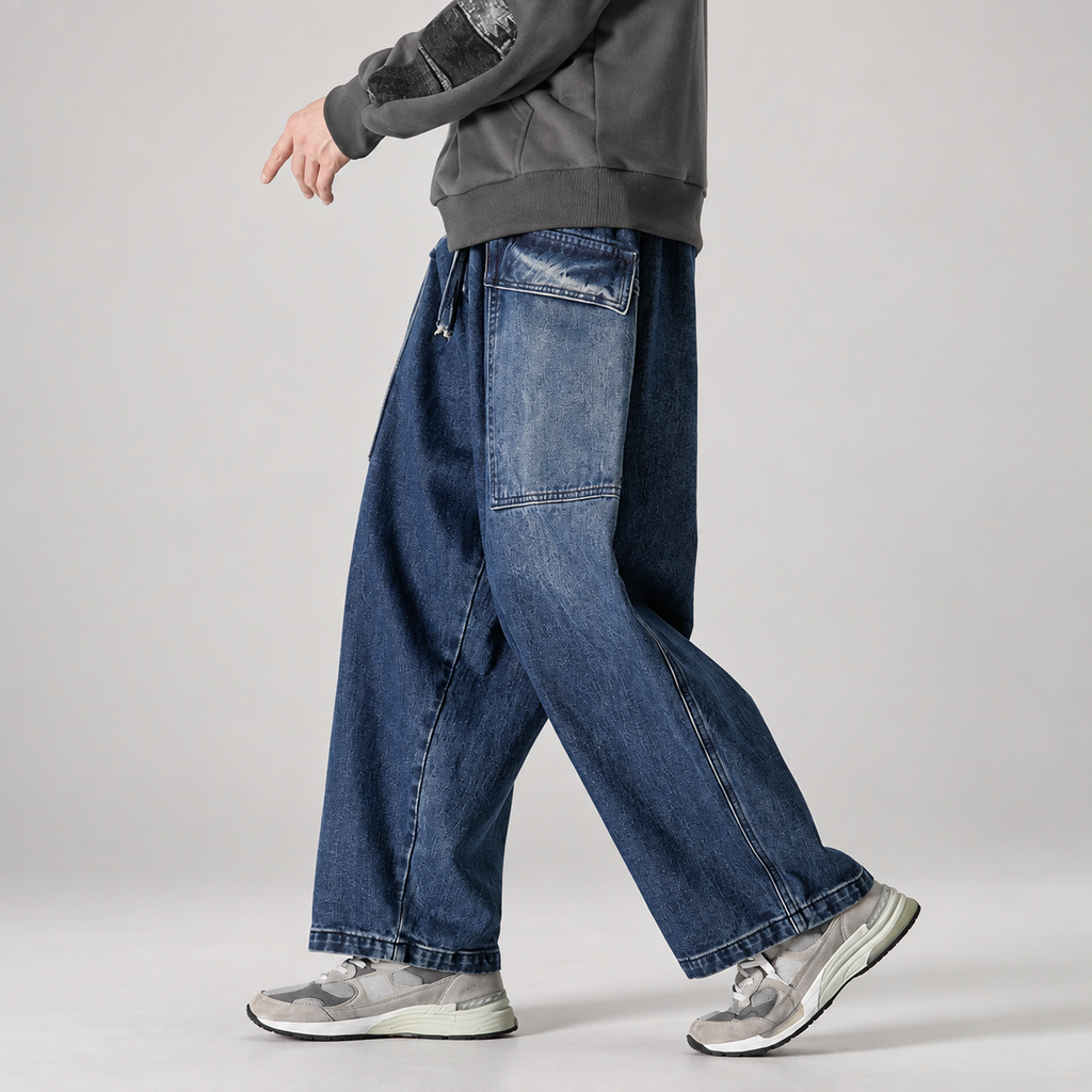 Tristan Men’s Extra Wide-Leg Drawstring Jeans with Patch Pockets