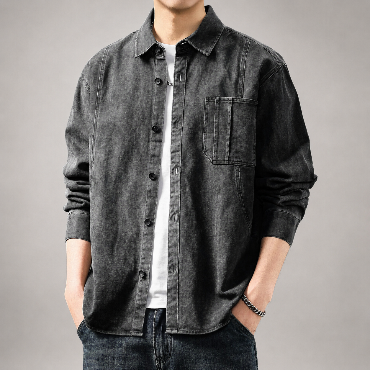 Urban Men’s Washed Casual Button-Up Overshirt
