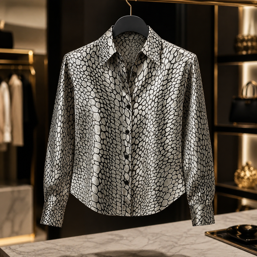 Victoria Satin Print Button-Down Blouse