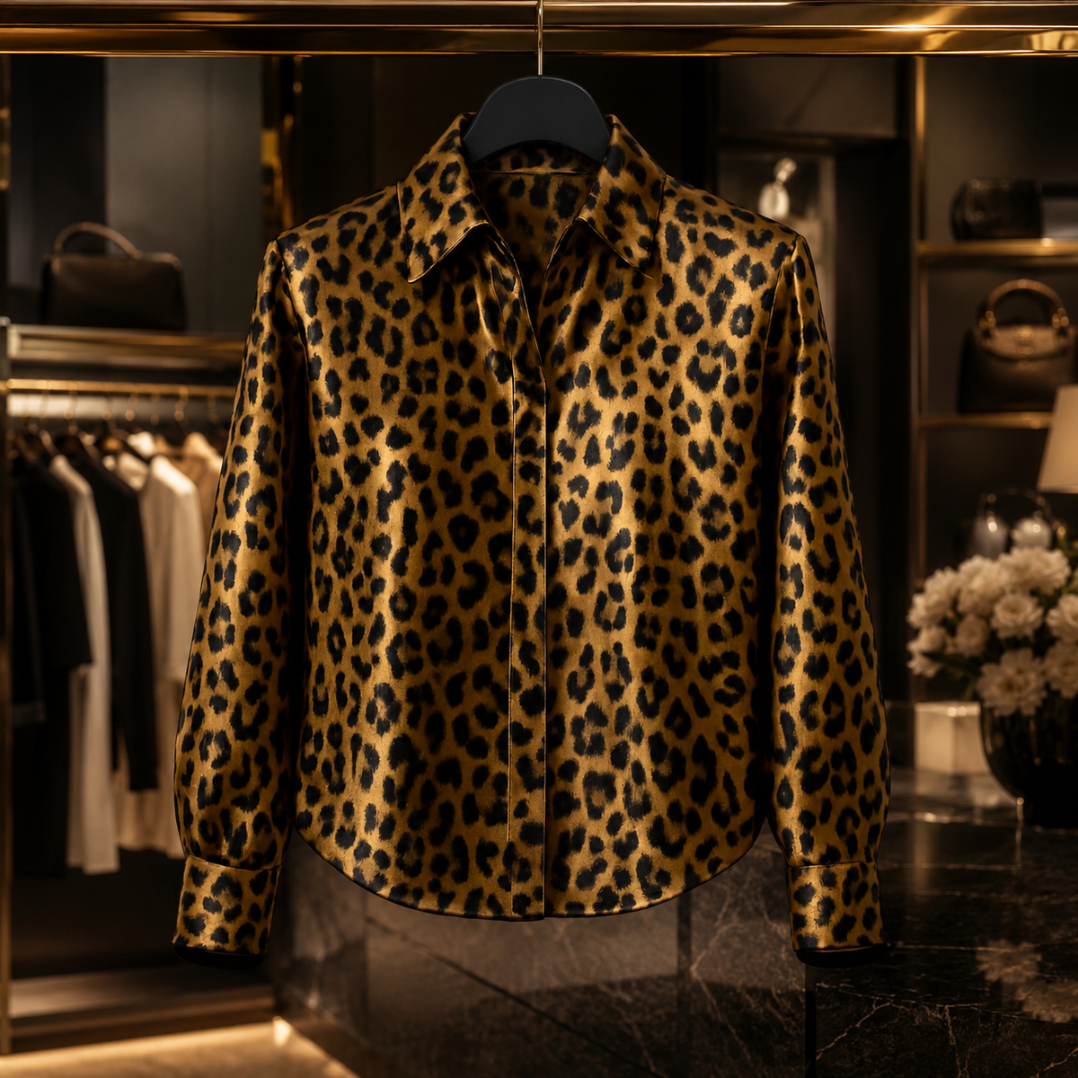 Victoria Satin Print Button-Down Blouse