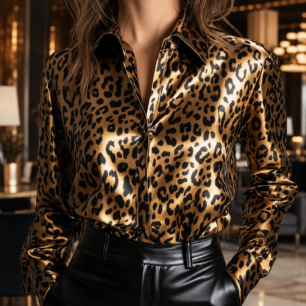 Victoria Satin Print Button-Down Blouse