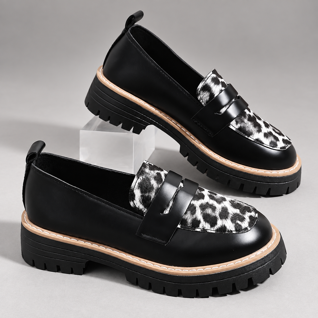 Vivienne Women’s Chunky Platform Loafers with Leopard Print