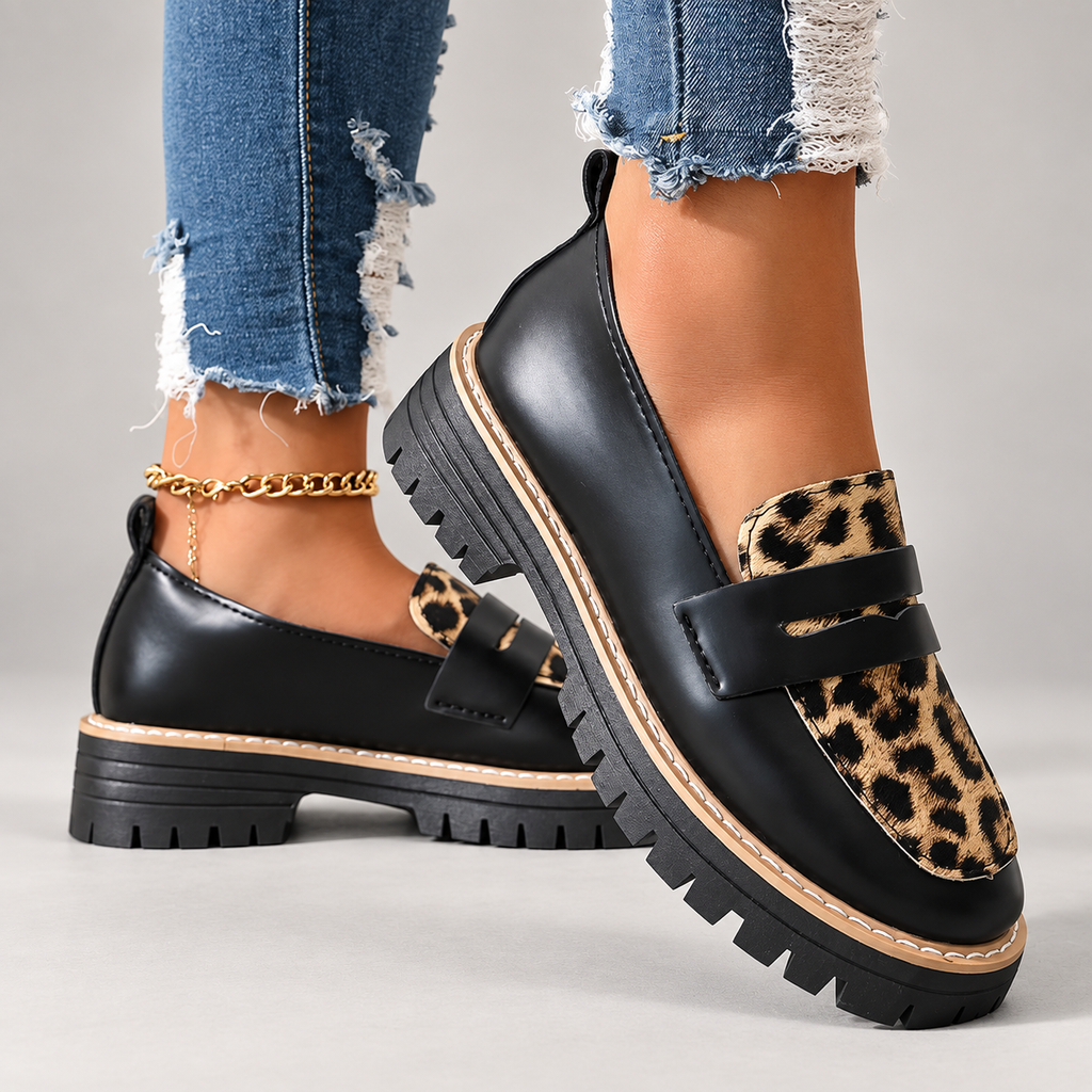 Vivienne Women’s Chunky Platform Loafers with Leopard Print