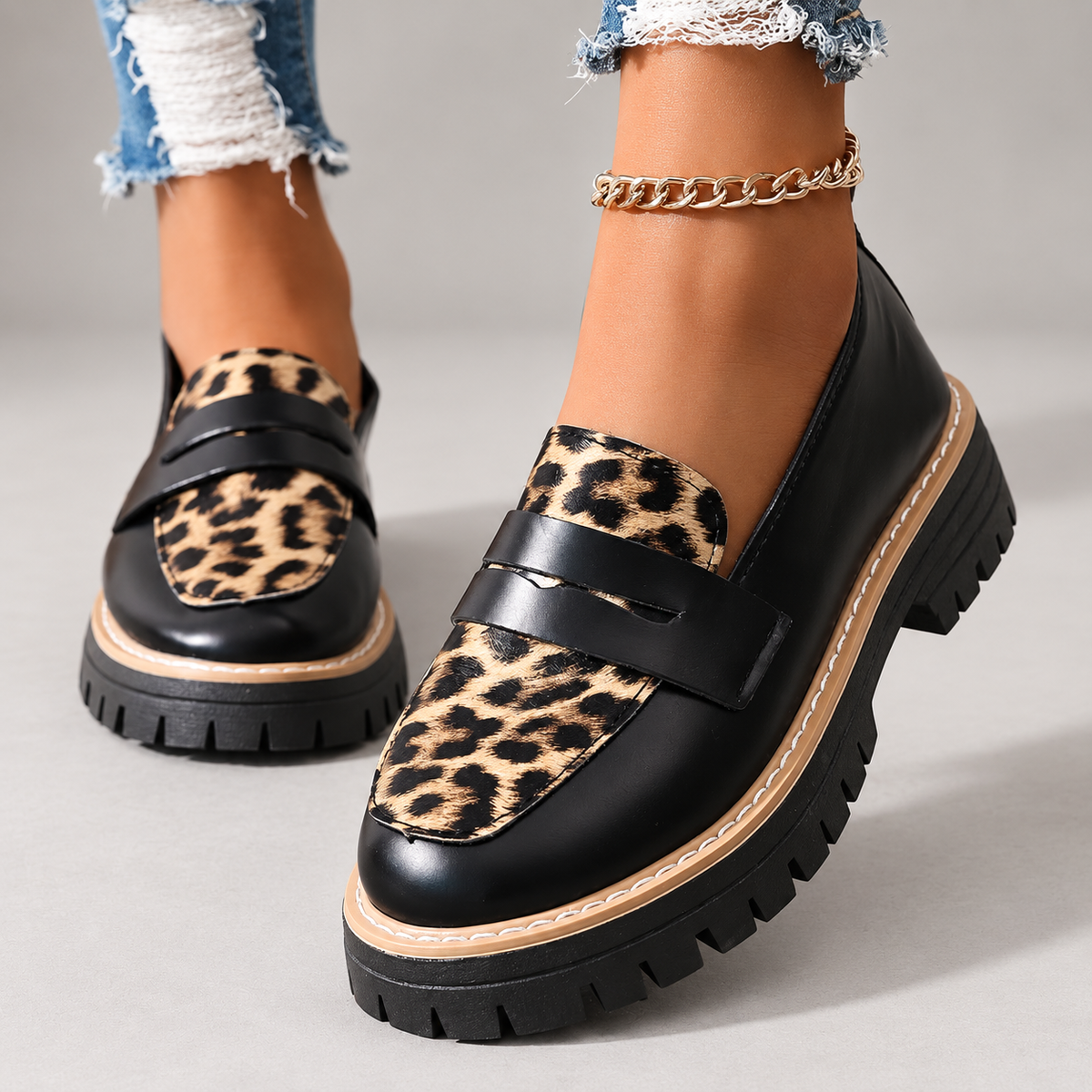 Vivienne Women’s Chunky Platform Loafers with Leopard Print