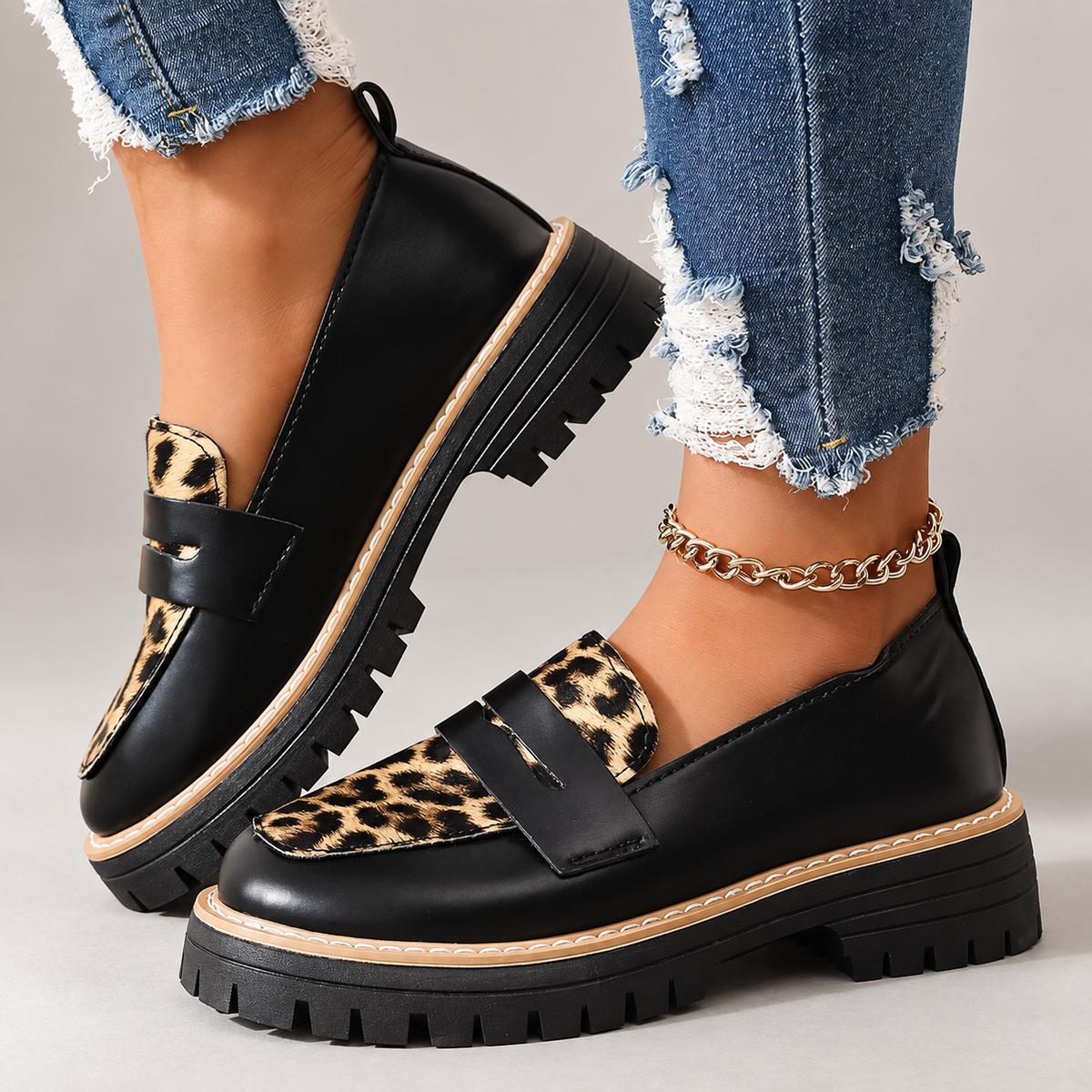 Vivienne Women’s Chunky Platform Loafers with Leopard Print
