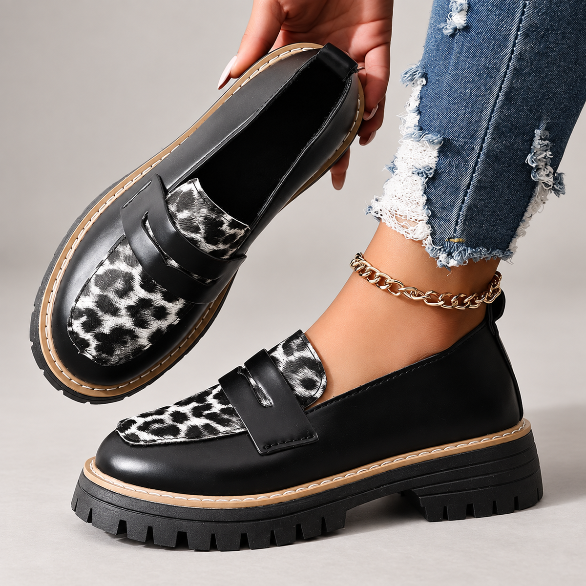 Vivienne Women’s Chunky Platform Loafers with Leopard Print