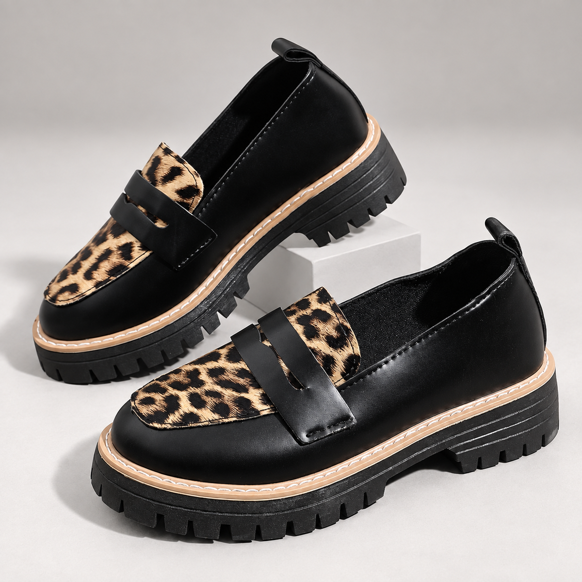 Vivienne Women’s Chunky Platform Loafers with Leopard Print