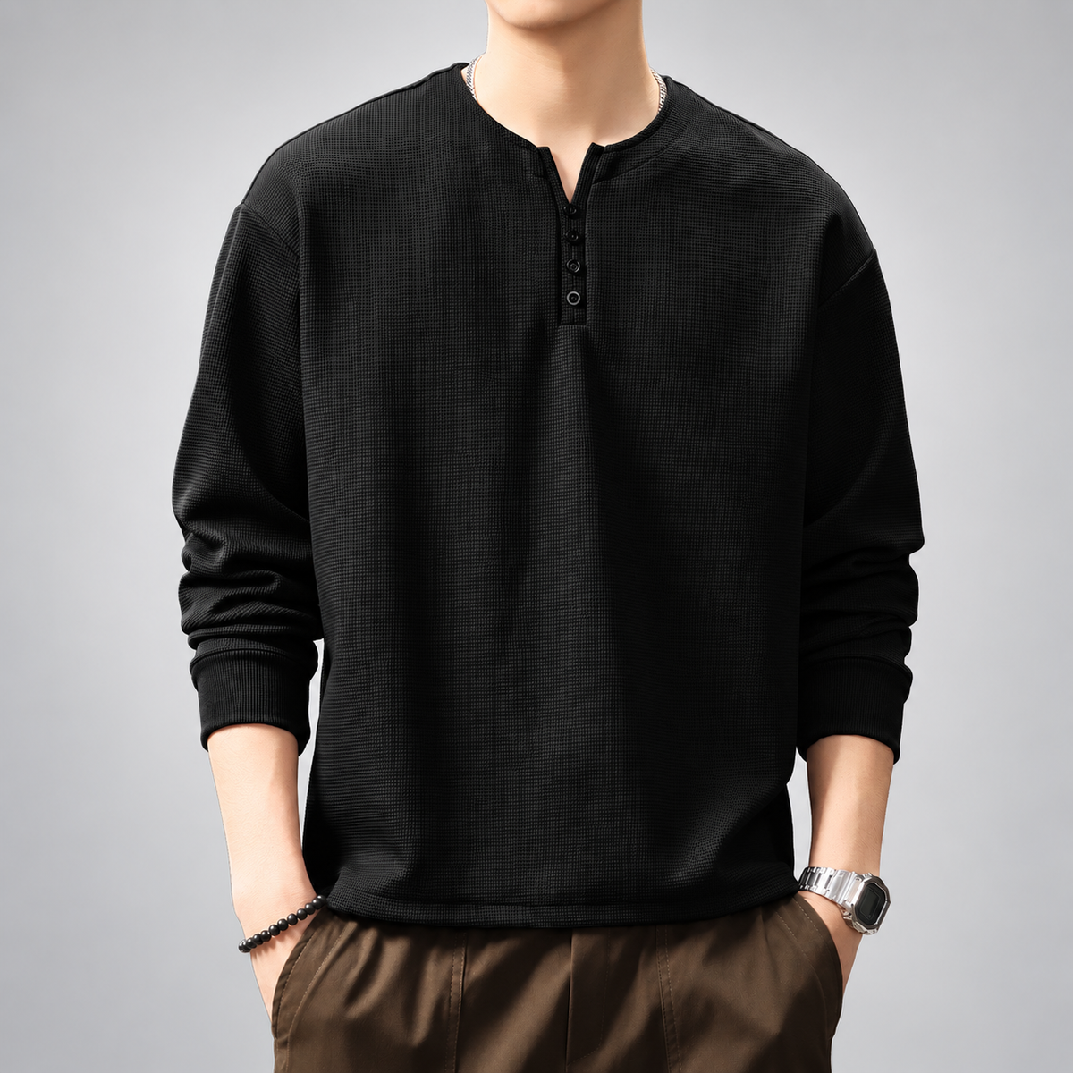 Louis Men's Four-Button Henley Shirt with Ribbed Cuffs