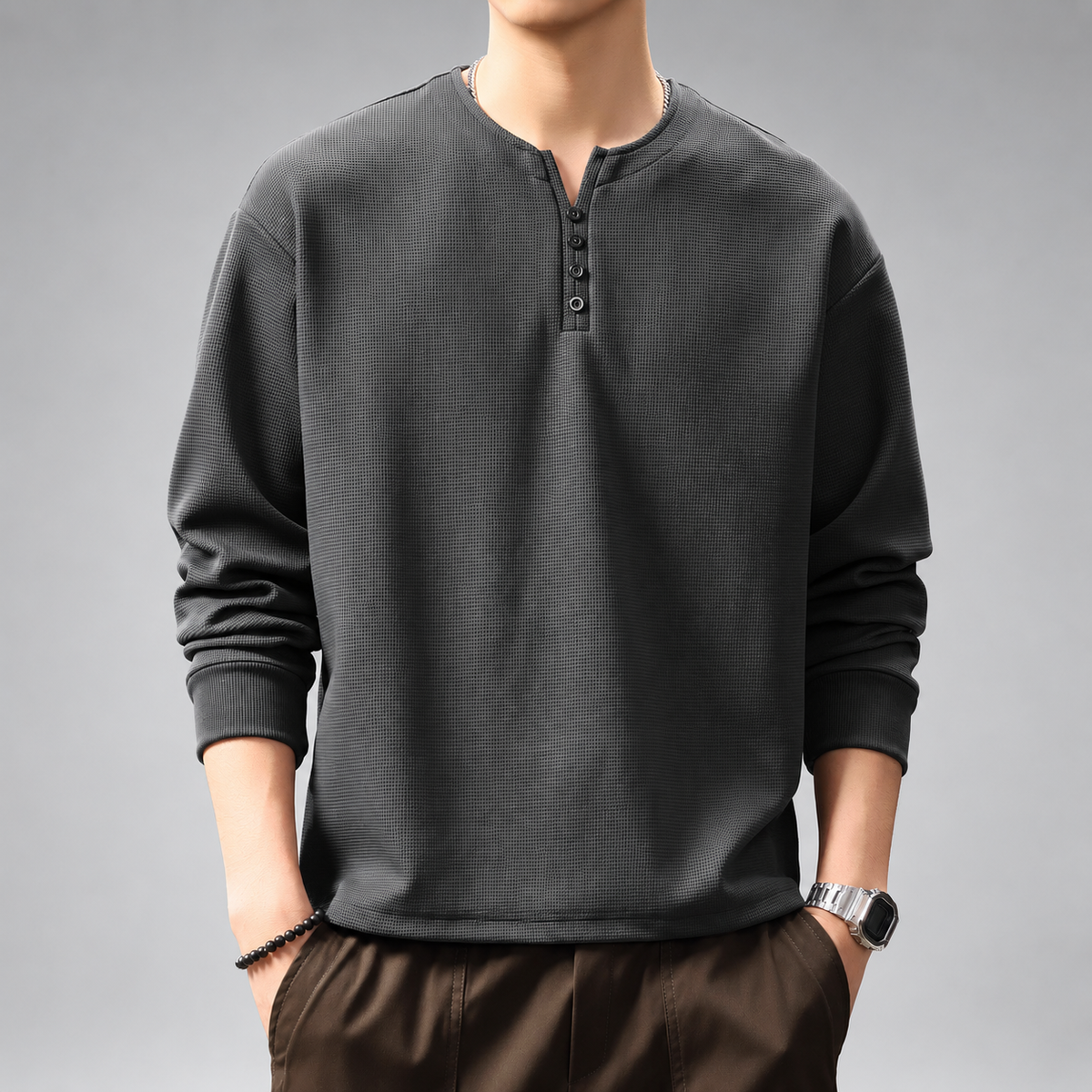 Louis Men's Four-Button Henley Shirt with Ribbed Cuffs