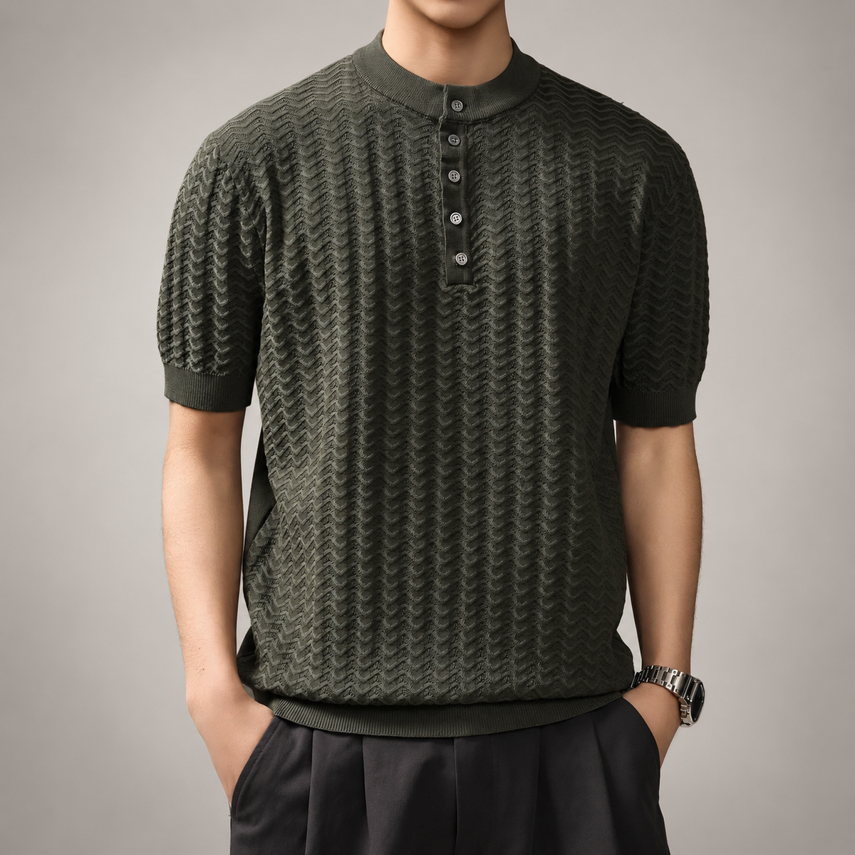 Leo Men’s Textured Knit Short-Sleeve Henley Shirt
