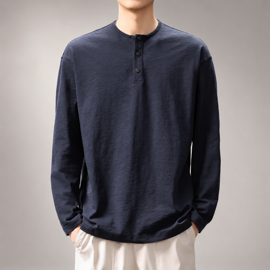 Wystan Men's Long Sleeve Henley Shirt – Textured Relaxed Fit