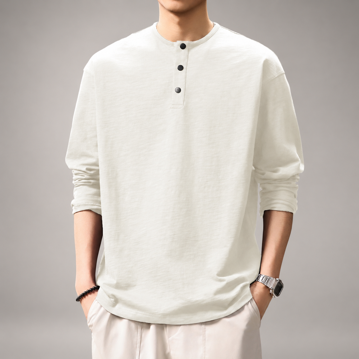 Wystan Men's Long Sleeve Henley Shirt – Textured Relaxed Fit