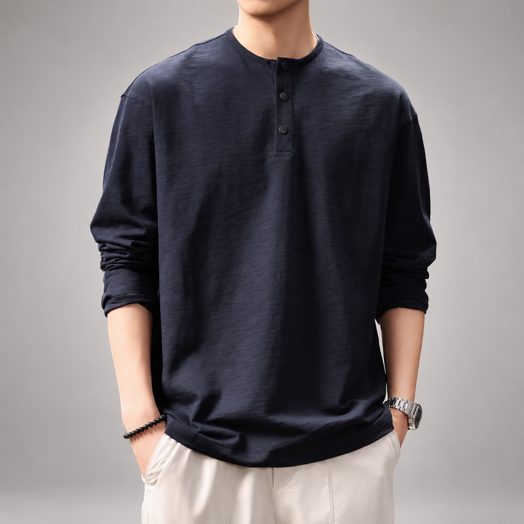 Wystan Men's Long Sleeve Henley Shirt – Textured Relaxed Fit