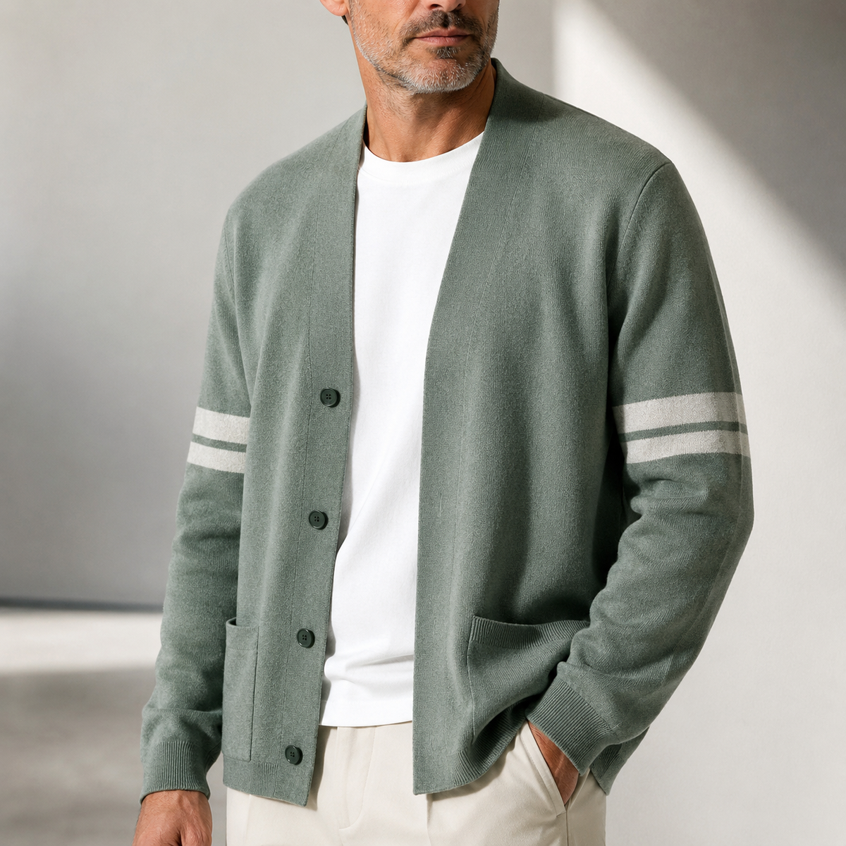Warren Men's Merino Wool Blend Cardigan – Lightweight Knit Sweater with Pockets