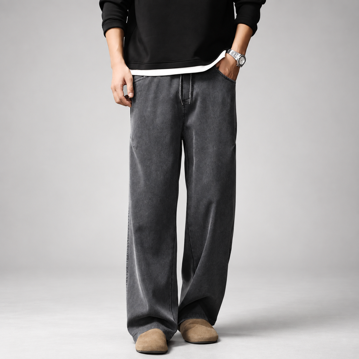 Daniel Men's Relaxed Denim Jeans with Wide Legs and Patch Pockets