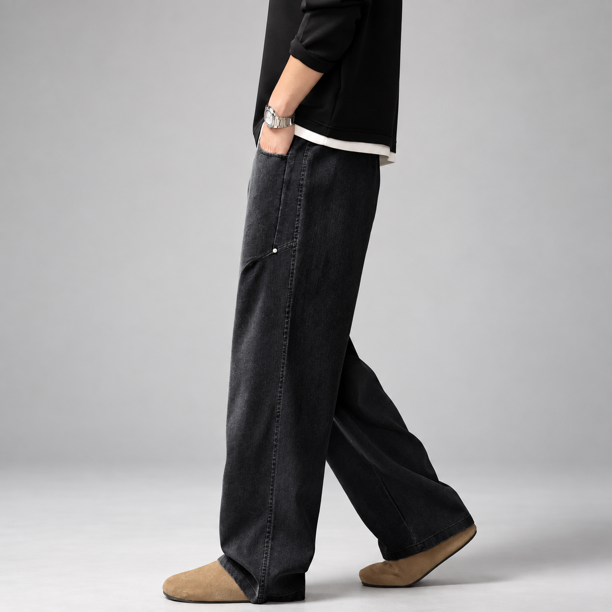 Daniel Men's Relaxed Denim Jeans with Wide Legs and Patch Pockets
