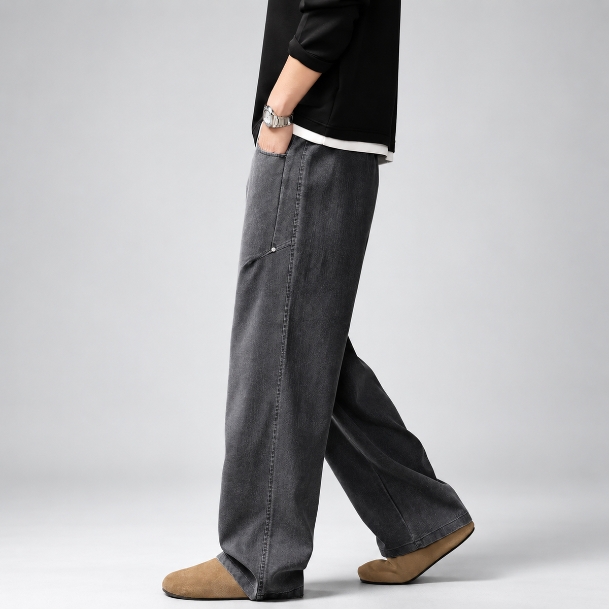 Daniel Men's Relaxed Denim Jeans with Wide Legs and Patch Pockets