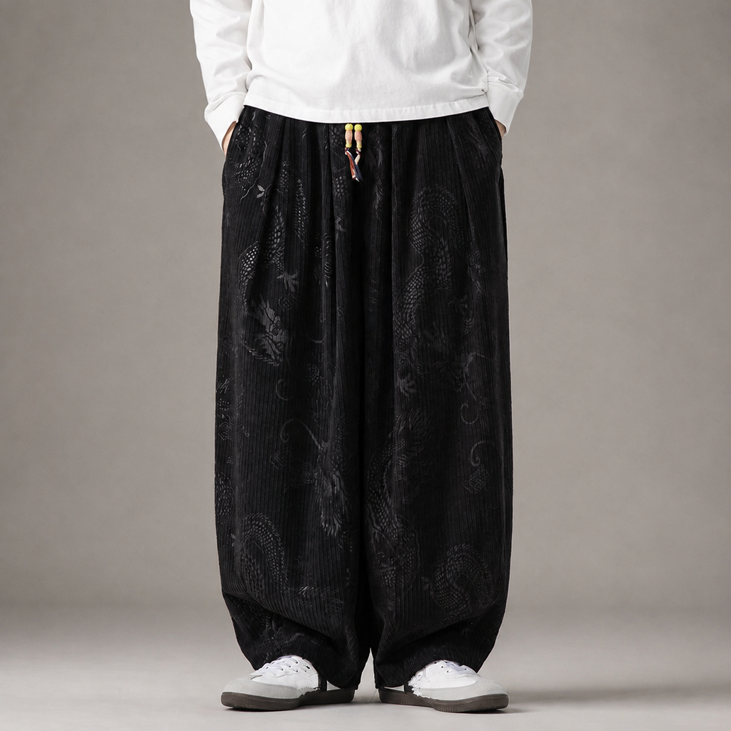 Winchester Dragon Print Wide-Leg Drawstring Pants