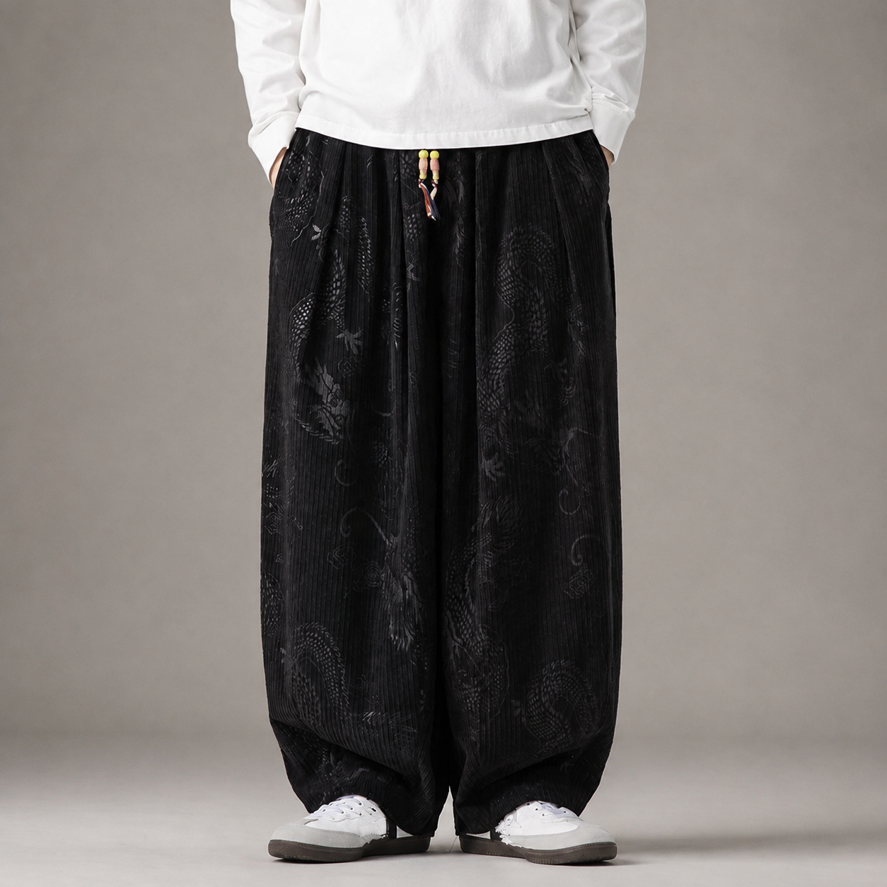 Winchester Dragon Print Wide-Leg Drawstring Pants