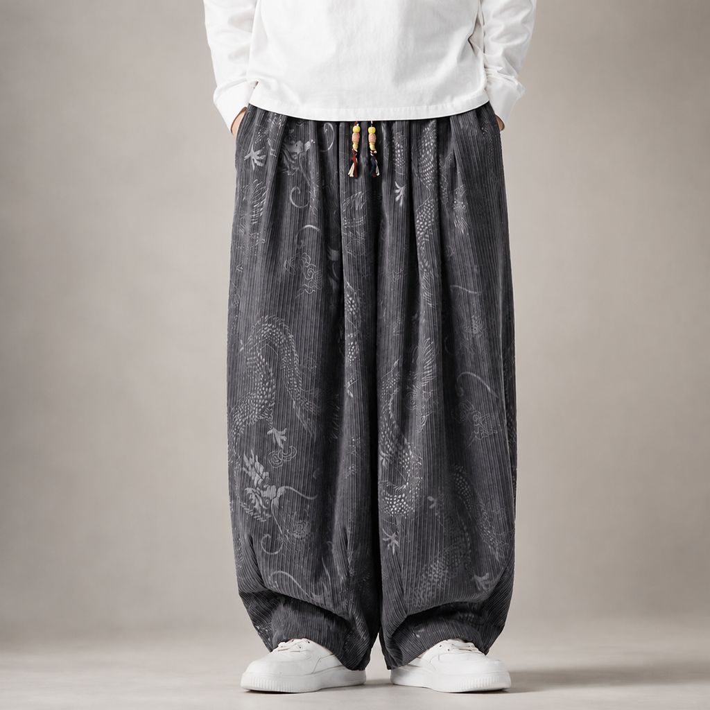 Winchester Dragon Print Wide-Leg Drawstring Pants