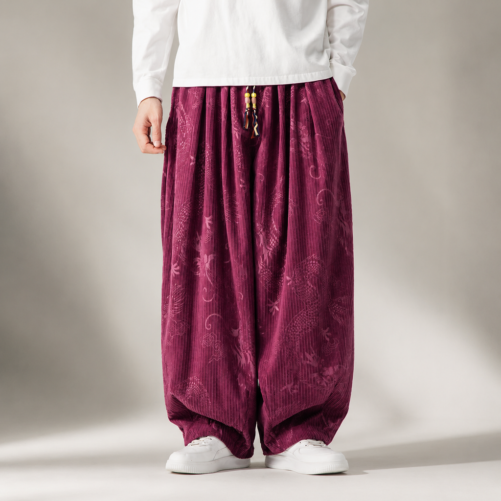 Winchester Dragon Print Wide-Leg Drawstring Pants
