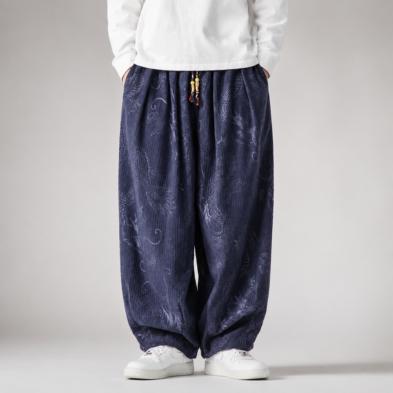 Winchester Dragon Print Wide-Leg Drawstring Pants
